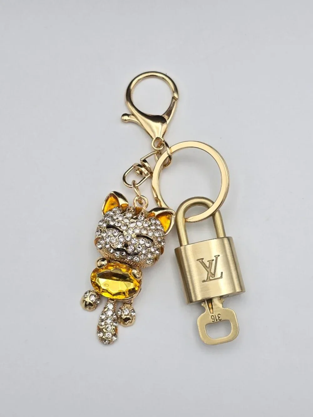 Authentic Louis Vuitton Lock & Key Gold ✨ Unbranded Cat Keychain Bag Charm LV